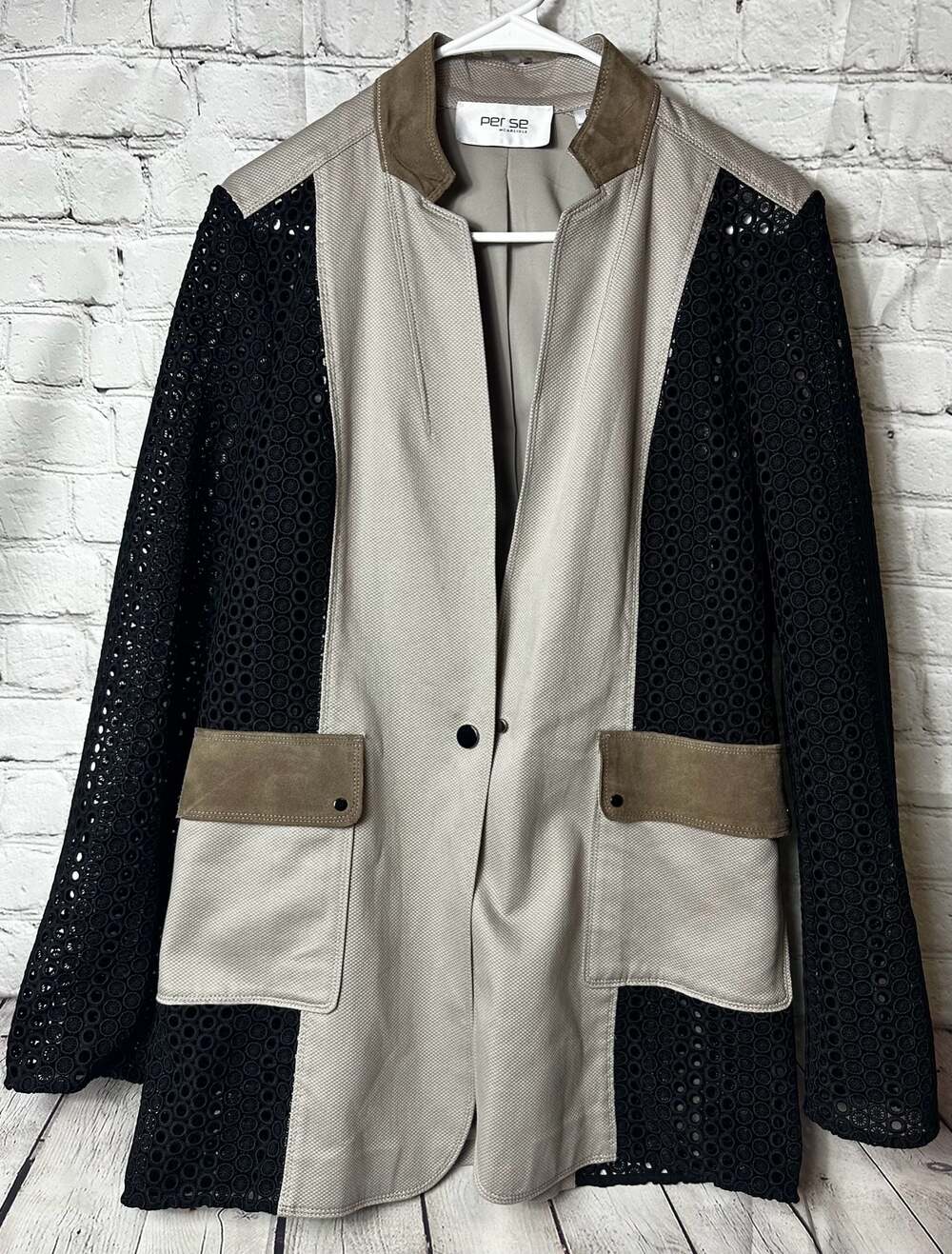 Per Se by Carlisle Eyelet Lace Panel Mixed Media Jacket Size 8